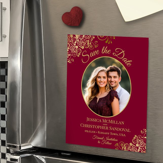 Convite Burgundy & Gold Fancy Wedding Save the Date Photo (Magnetic Card for Easy Display!)