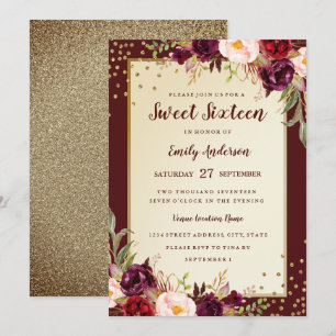 Convite Burgundy Gold Floral Sparkle Sweet Sixteen