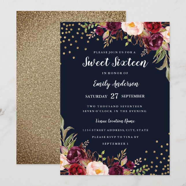 Convite Burgundy Navy Floral Sparkle Sweet Sixteen (Frente/Verso)
