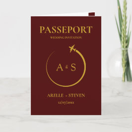 Convite burgundy Passport Destination Faux gold Wedding