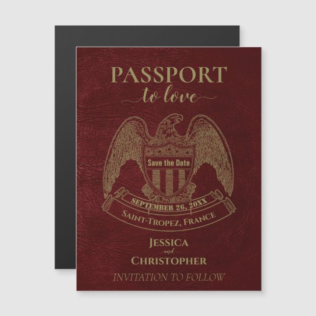 Convite Burgundy Red Passport Casamento Cute Salvar Data (Frente/Verso)
