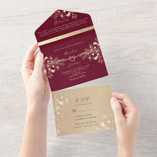 Convite Burgundy Rose Gold Tudo-em-Um (Aba destacável)