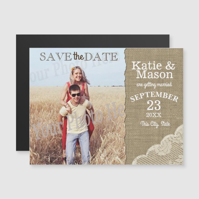 Convite Burlap e Lace Rustic Photo Save the Date (Frente/Verso)
