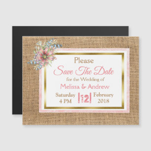 Convite Burlap Shabby Floral Salve o ímã de casamento