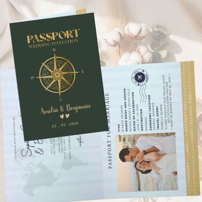 Convite Bússola de viagem de destino de passaporte de ouro (Criador carregado)