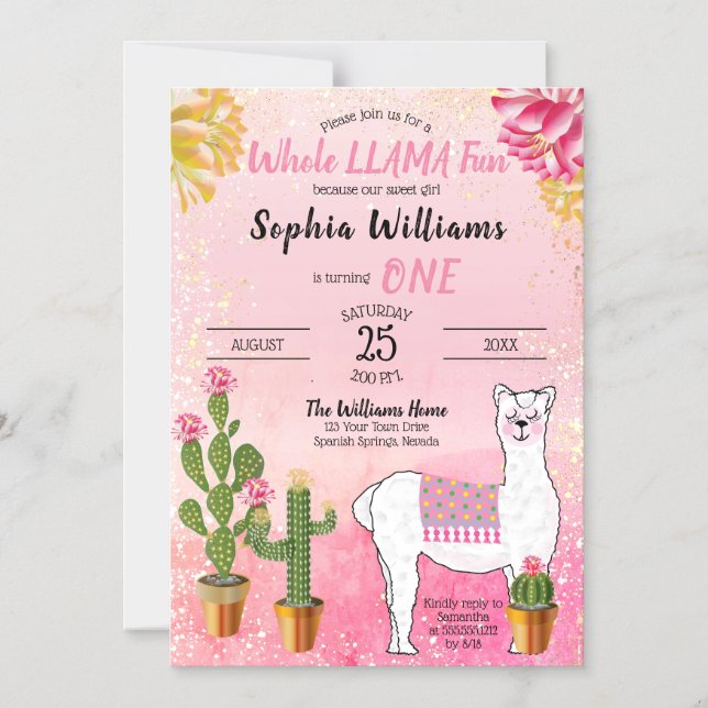 Convite Cacto| Festa De primeiro aniversario De Llama Dive (Frente)
