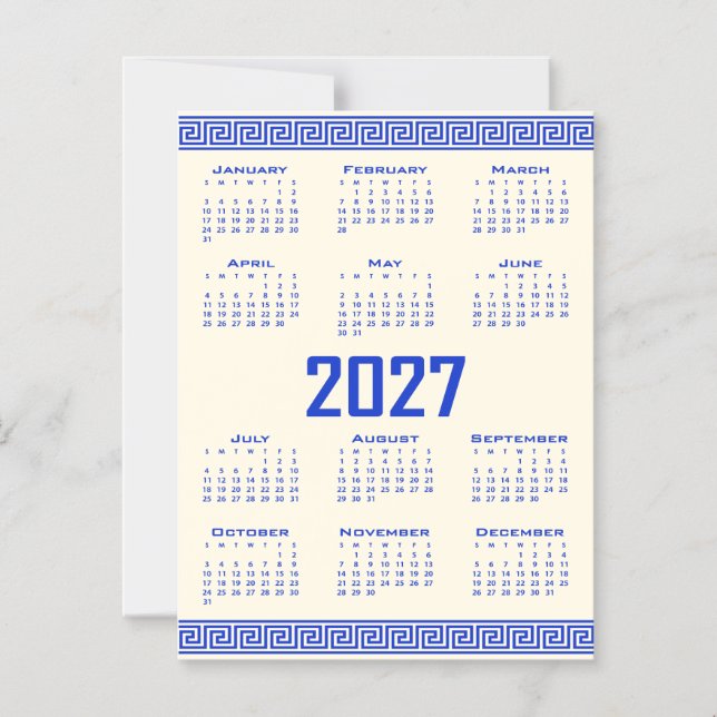 Convite Calendário 2027, Fretwork Grego, Azul Grego Cosmic (Frente)