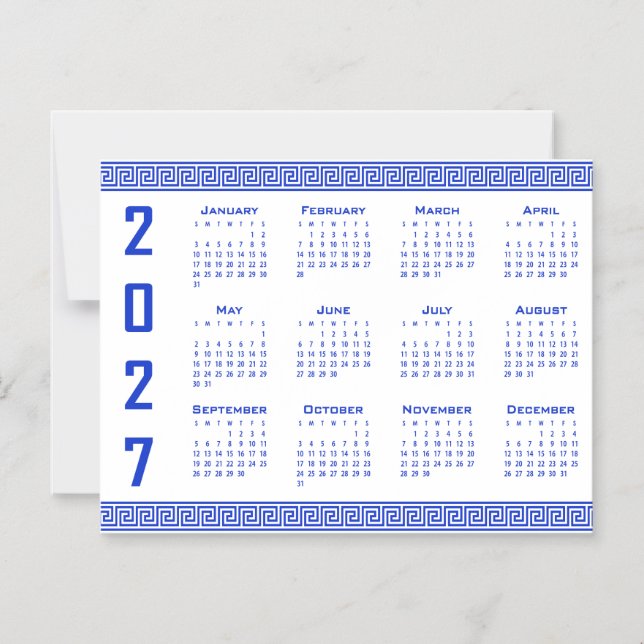 Convite Calendário 2027, Fretwork Grego, Azul Grego sobre  (Frente)