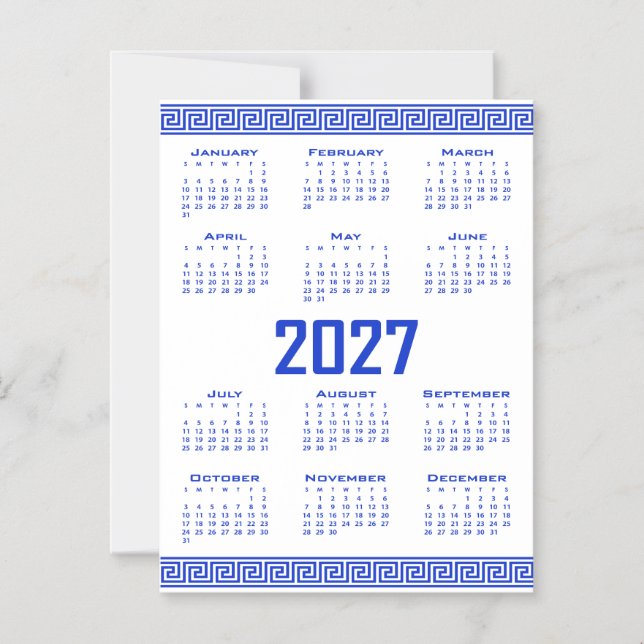 Convite Calendário 2027, Fretwork Grego, Azul Grego sobre  (Frente)