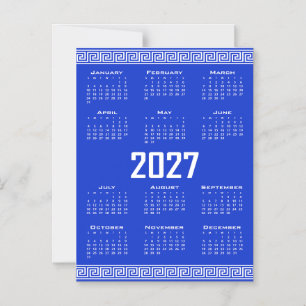 Convite Calendário 2027, Fretwork Grego, Branco sobre Azul