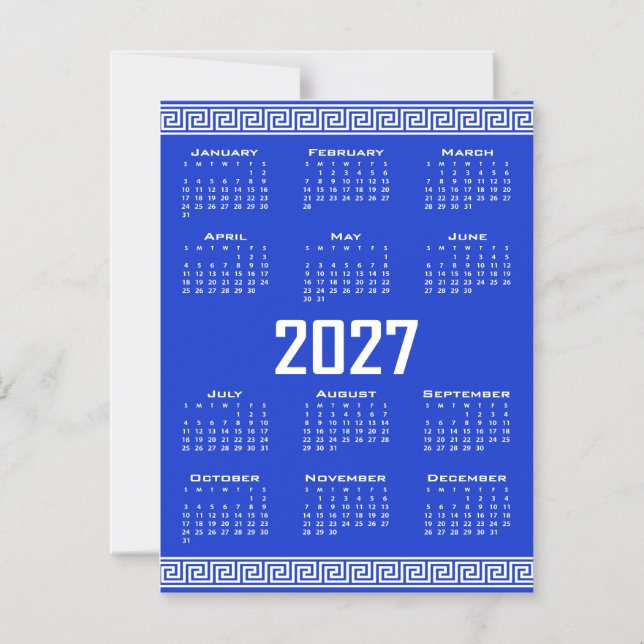Convite Calendário 2027, Fretwork Grego, Branco sobre Azul (Frente)