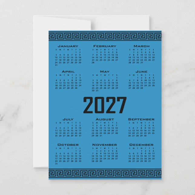Convite Calendário 2027, Fretwork Grego, Preto no Azul Cos (Frente)