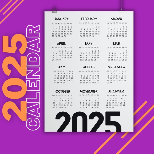 Convite Calendário de 2025 Anos Branco Elegante (2025 Year Calendar Elegant White Magnetic Invitation)