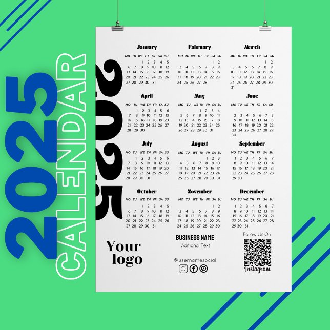 Convite Calendário de 2025 Anos, Preto e Branco Corporativ (2025 Year Calendar Black And White Corporate calendar, calendar magnet, yearly calendar, )