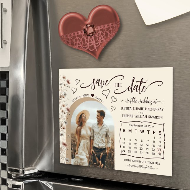 Convite Calendário de Flores Silvestres Boho & Foto Salvar (Magnetic for Convenient Display!)