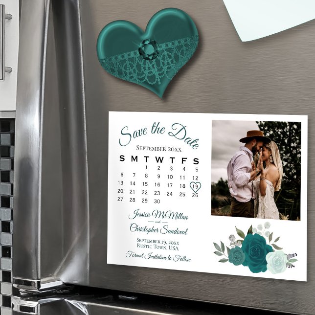 Convite Calendário de Rosas Teal & Aqua e Foto para salvar (Magnetic for Easy Display!)