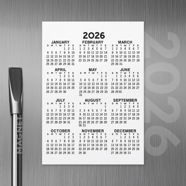 Convite Calendário de Visualização do Ano de cheio - Cartã (2026 Calendar with a Magnetic Back)