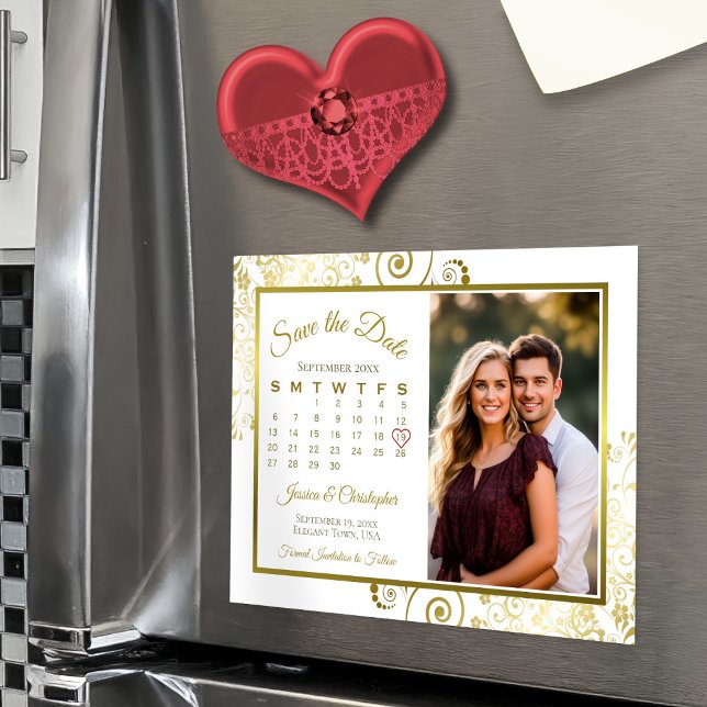 Convite Calendário Dourado e branco e Imã salve a data de  (Magnetic for Easy Display!)