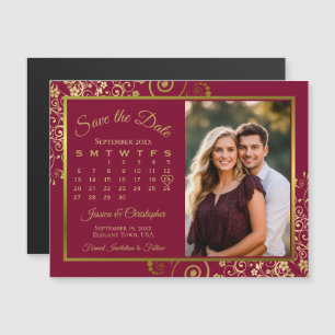 Convite Calendário em Burgundy e Dourado - Salvar Data - Í