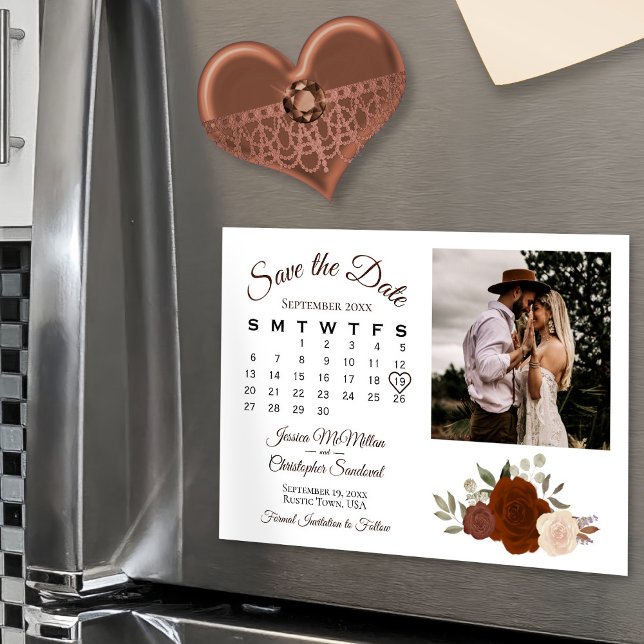 Convite Calendário Floral Laranja Rust e Foto Salvar Data (Criador carregado)