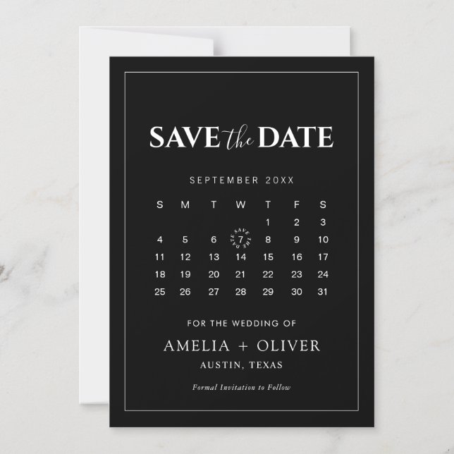 Convite Calendário Ímã Preto Minimalista Salve a Data (Frente)