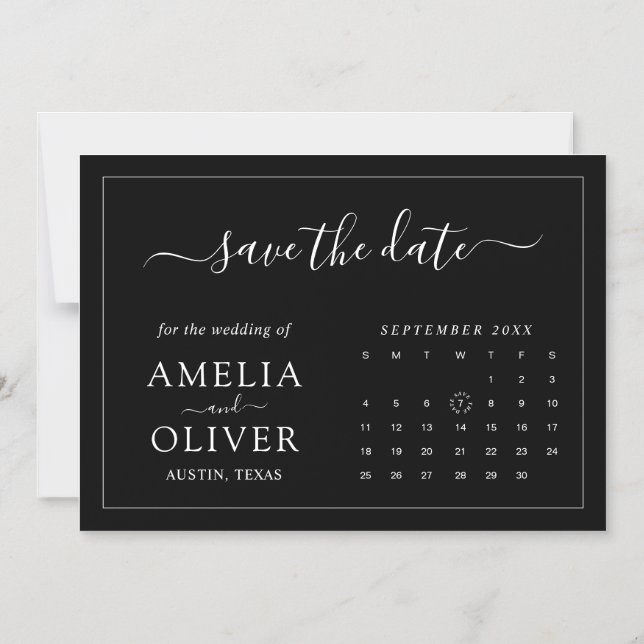 Convite Calendário Ímã Preto Minimalista Salve a Data (Frente)