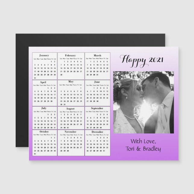 Convite Calendário Mini Gradiente Roxo de Fotos de Casamen (Frente/Verso)