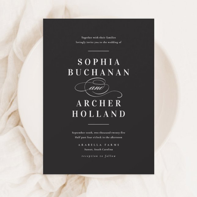 Convite Caligrafia Elegante Casamento Negro e Branco (Criador carregado)