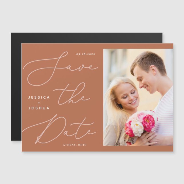 Convite Caligrafia Ferrugem e Imã salve a data rosa (Frente/Verso)