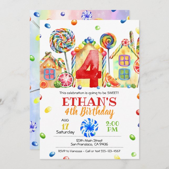 Convite Candyland Candy para o Tema Candy - 4º (Frente/Verso)