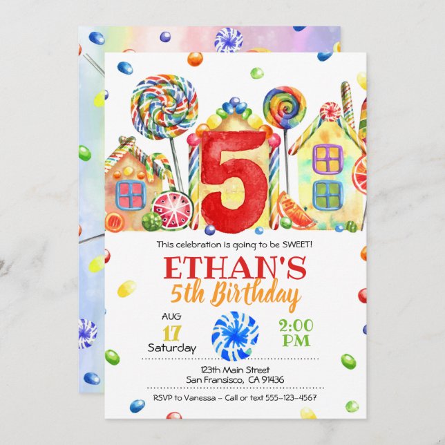 Convite Candyland Candy para o Tema Candy - 5 (Frente/Verso)