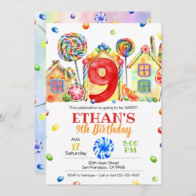 Convite Candyland Candy para o Tema Candy - 9 (Frente/Verso)