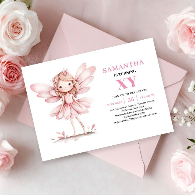 Convite Caprichoso para o 8º Aniversário da Menina (Cute Pink Fairy Girl 8th Birthday Whimsy invitation)