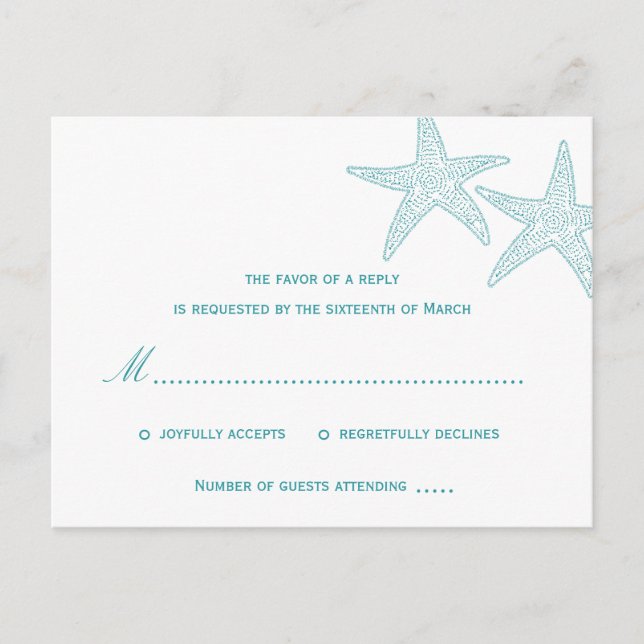 Convite Cartão postal de casamento de Starfish RSVP - Turq (Frente)