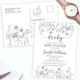 Convite Cartão postal de chá de bebê floral azul