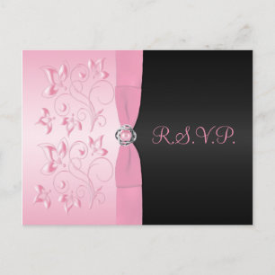 Convite Cartão postal de resposta floral rosa e preto R.S.