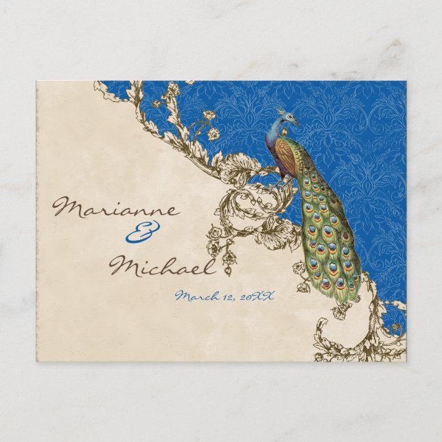 Convite Cartão postal de resposta RSVP de Peacock & Etchin (Frente)