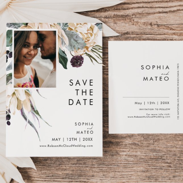 Convite Cartão Postal de Save The Date com Foto Floral Bra (Criador carregado)