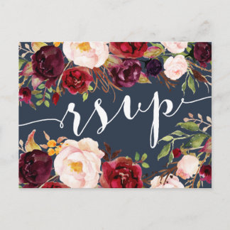 Convite Cartão postal RSVP de Casamento de Marinho Floral