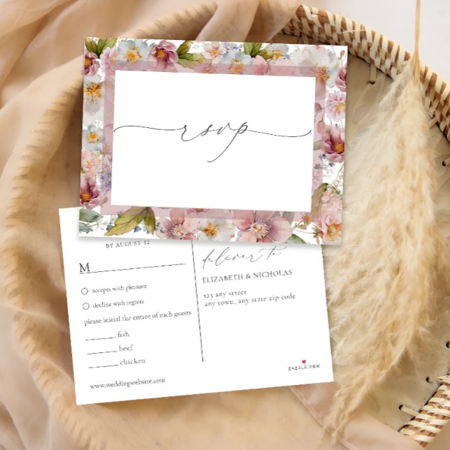 Convite Cartão postal RSVP de Casamento Floral Cor-de-Água (Criador carregado)