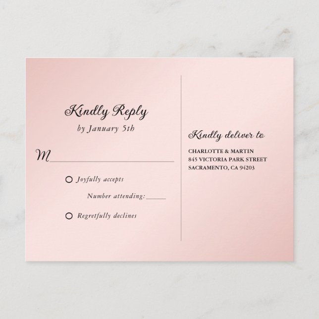 Convite Cartão postal RSVP de Casamento Negro e Blush Mini (Verso)