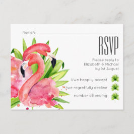 Convite Cartão postal RSVP de Casamento Tropical Flamingos