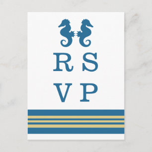Convite Cartão postal RSVP de Cavalo Marinho Dourado Azul