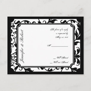 Convite Cartão postal RSVP de Damasco Preto e Branco