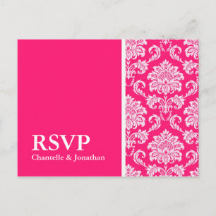 Convite Cartão postal RSVP de Damask Rosa Quente