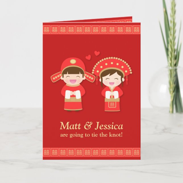 Convite Casal Chinês Tradicional Fofo Casamento Vermelho (Frente)