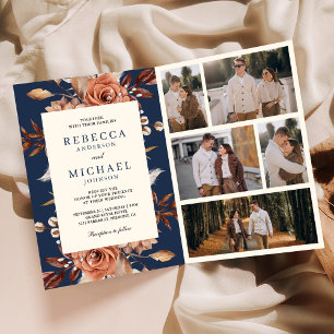 Convite Casamento Azul Código QR Floral Creme e Terracota