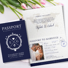 Convite Casamento Azul de Destino de Passaporte Viagem