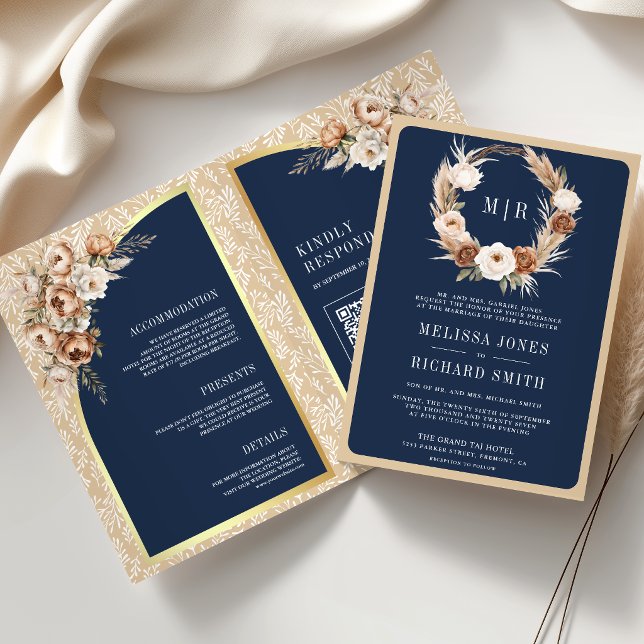 Convite Casamento Azul Naval Floral Terroso Bege Pampas (Criador carregado)