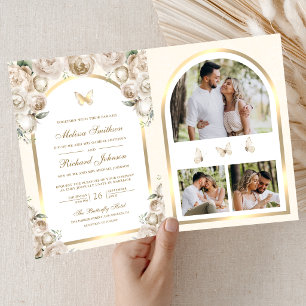 Convite Casamento Borboleta Arco Dourado Floral Creme Marf